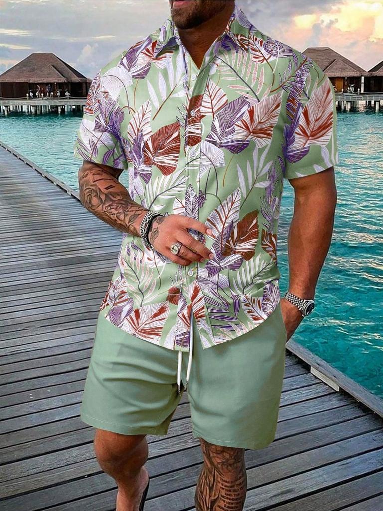 Sommer Strand 2-teiliges Hemd Set Herren Lässig Tropischer Print Kurzarmhemd Und Shorts Set Tropisches Hemd Herren Urlaubs Sets