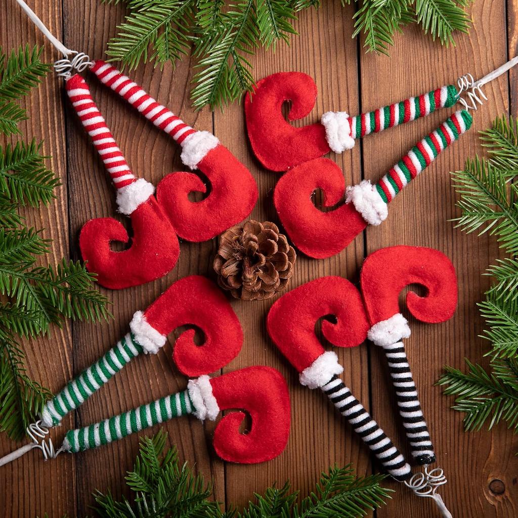 4 PCS Christmas Elf Legs Picks-Elf Feet Tree Ornaments with Fixed Wire-Striped Plush Stuffed Elf Leg Picks for Christmas Tree Party Home Decorations