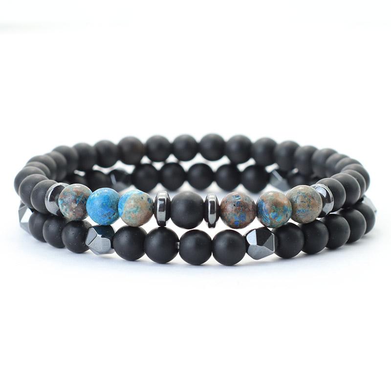 

Fashion Mens Bracelet Set 2Pcs Natural 6mm Onyx White Howlite Tiger Eyes Stone Braclet Accessories Hombre Beaded Braslet Pulsera