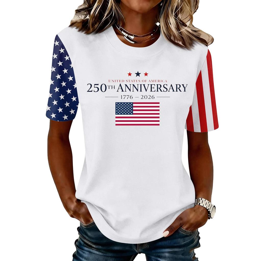 Blusa Feminina da Moda Casual de Manga Curta com Estampa e Gola Redonda
