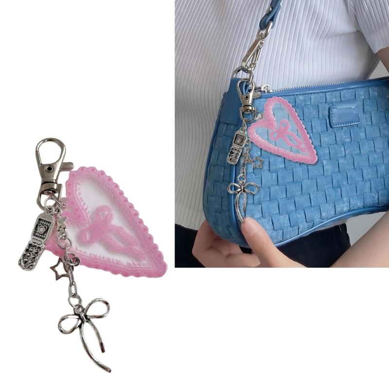 Cute Heart Shaped Keychain With Lace And Bowknot Design Perfect For Keys Bags And Accessories In Multiple Colors