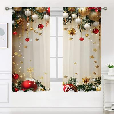 2 Pieces, Christmas Tree Branch Colored Ball Curtains -30% Blackout - Suitable for Living Room, Bedroom, Kitchen, Home Decoratio