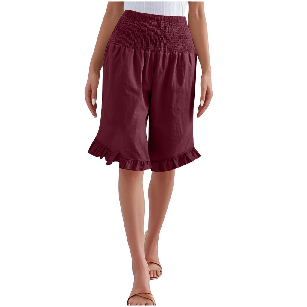 Damen Farbige Hohe Taille Plissierte Baumwolle Leinen Lockere Freizeitshorts