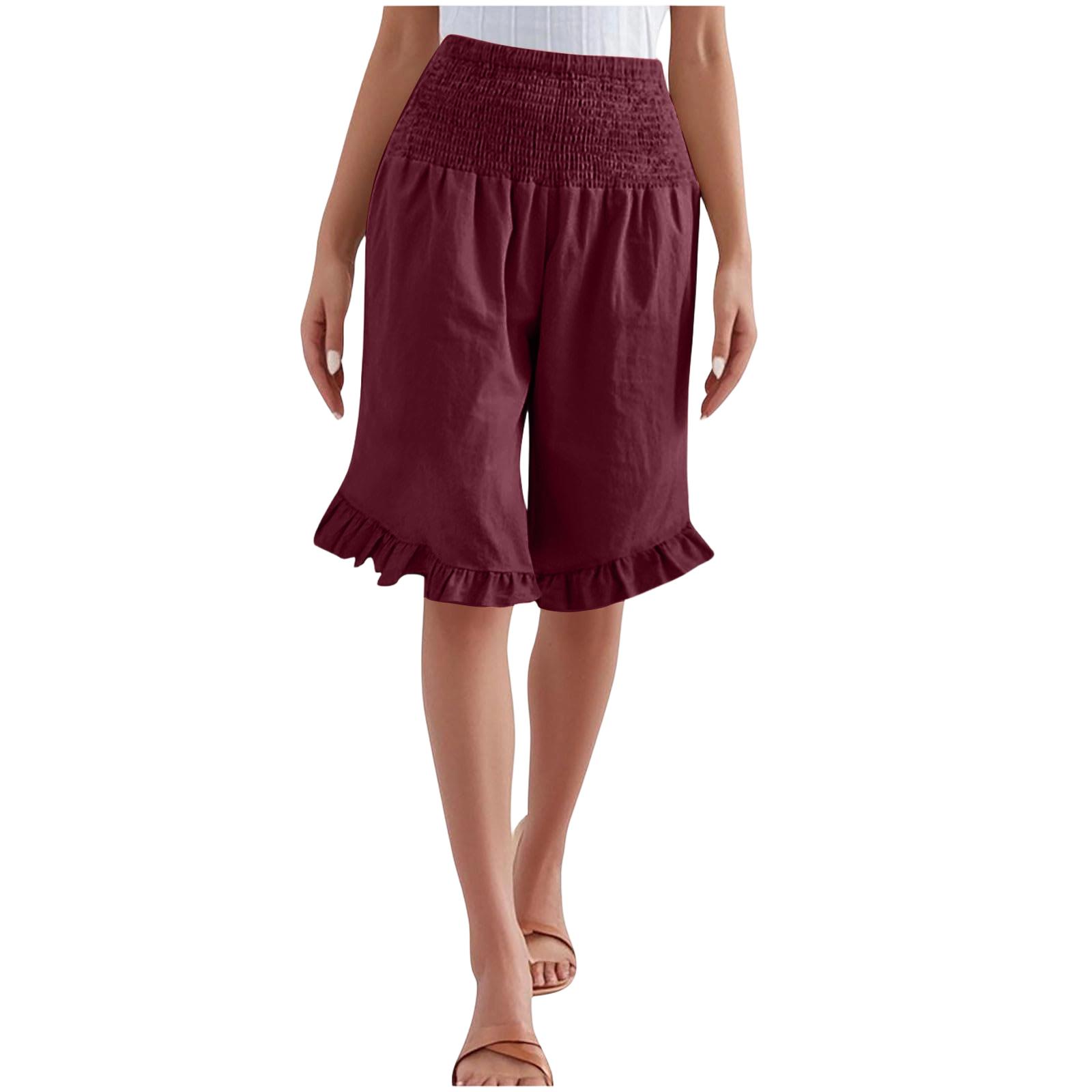 

Women s Color High Waisted Pleated Cotton Linen Loose Casual Shorts XL винний