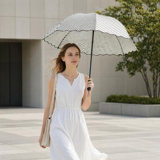 Striped Folding Umbrella with Wavy Edge, Sun Blocking UV Protection Travel Umbrella, Windproof Rainproof Portable Sun Rain Umbrella for Women