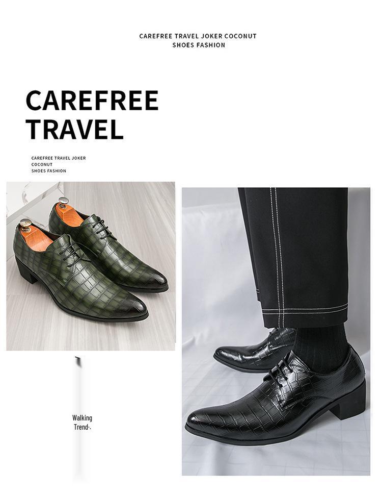 Men's Embossed Pointed Toe Leather Shoes - Height Increasing, Lace-up, Casual & Formal, Spring/Autumn.