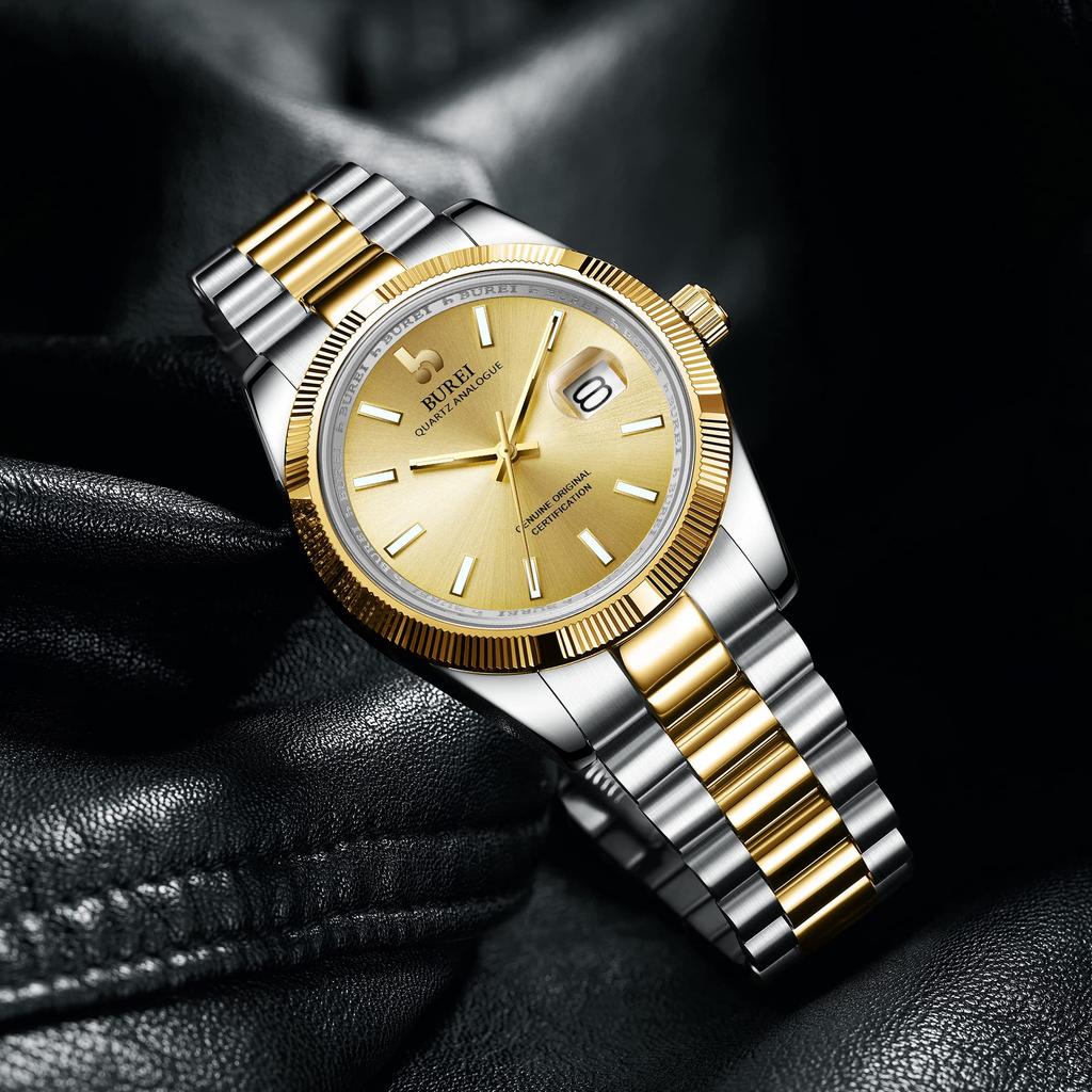 BUREI Men's Waterproof Quartz Analog Watch, Simple and Popular for Business and Fashion, Gold and Silver Luminous Finish, Perfect as a Birthday Gift