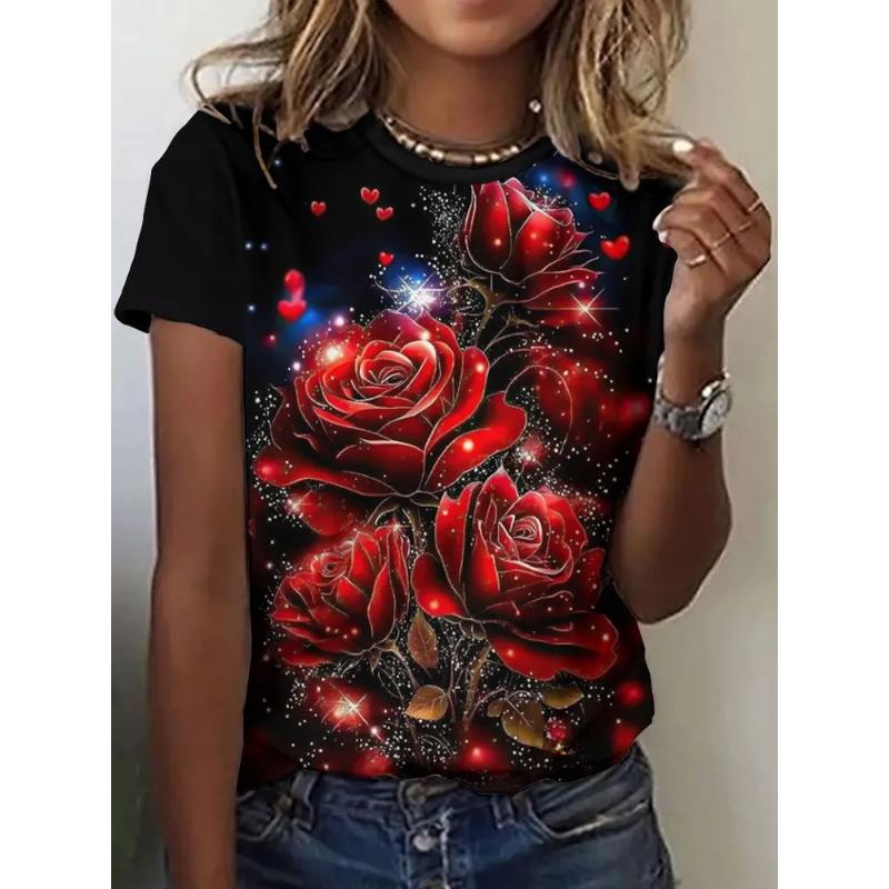 Fashion Women's Crew Neck T-Shirt 3D Flower Color Printing Short Sleeve