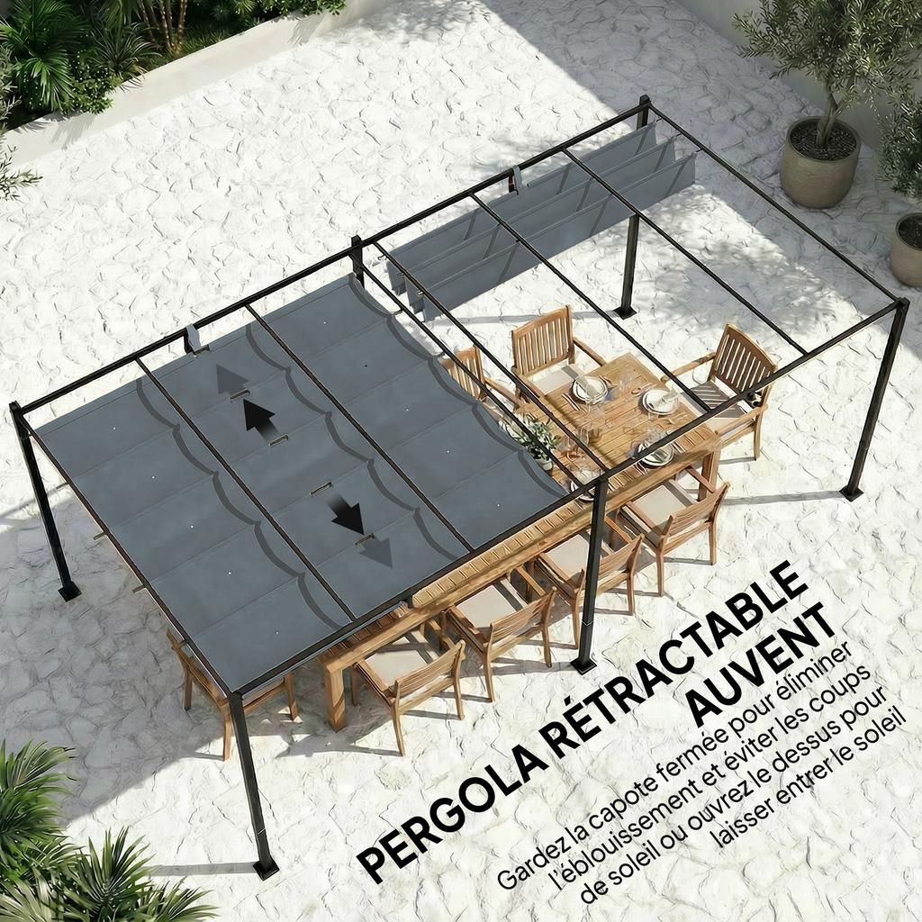 Pergola Roof Canopy, Retractable, 3 x 3 m, Polyester, UV 30+, Dark Grey