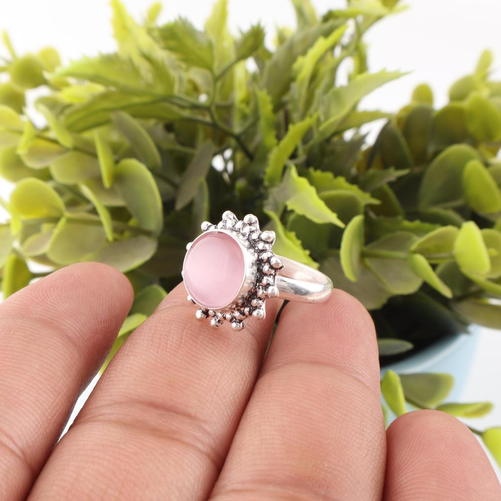 Pink Cat's Eye Ring, 925 Sterling Silver Ring Jewelry, Handmade Adorable Jewelry Gemstone Jewelry For Memorial Day