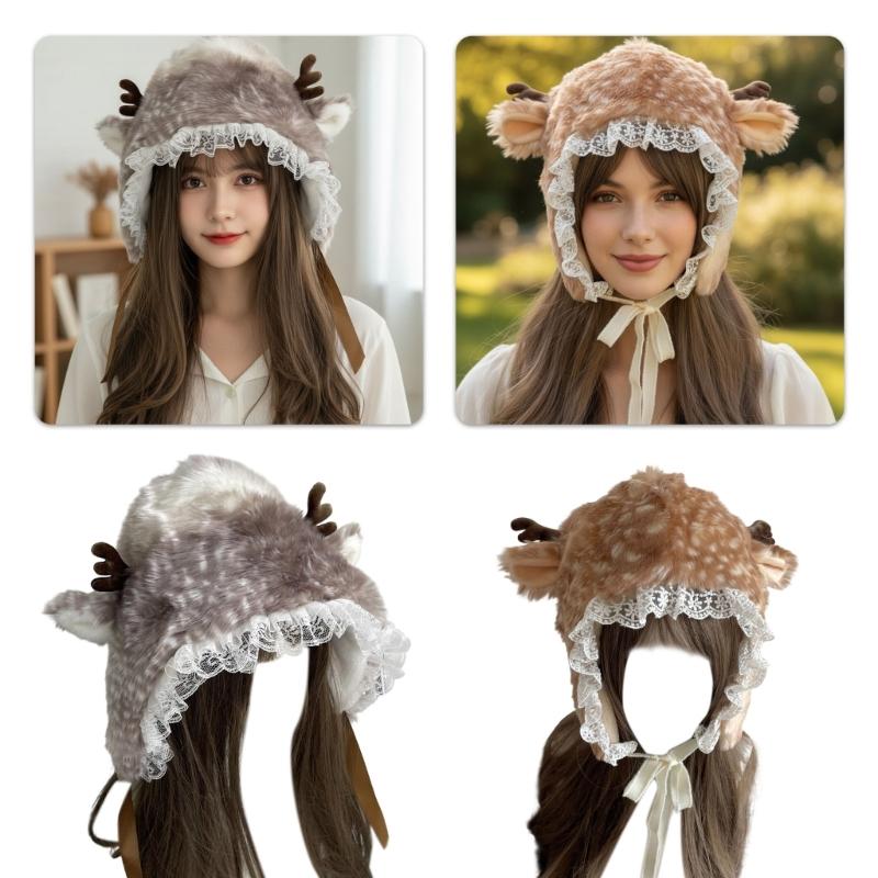 Cartoon Head Wrap Furry Deer Soft Thicken Trapper Hat for Women Outdoor Wear Lace Brim Holiday Party Photo Props