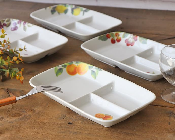 Adding color to your life: Set of 4 divided plates, single-plate style, fruit pattern, Mino ware, made in Japan, ceramic, microwave and dishwasher saf