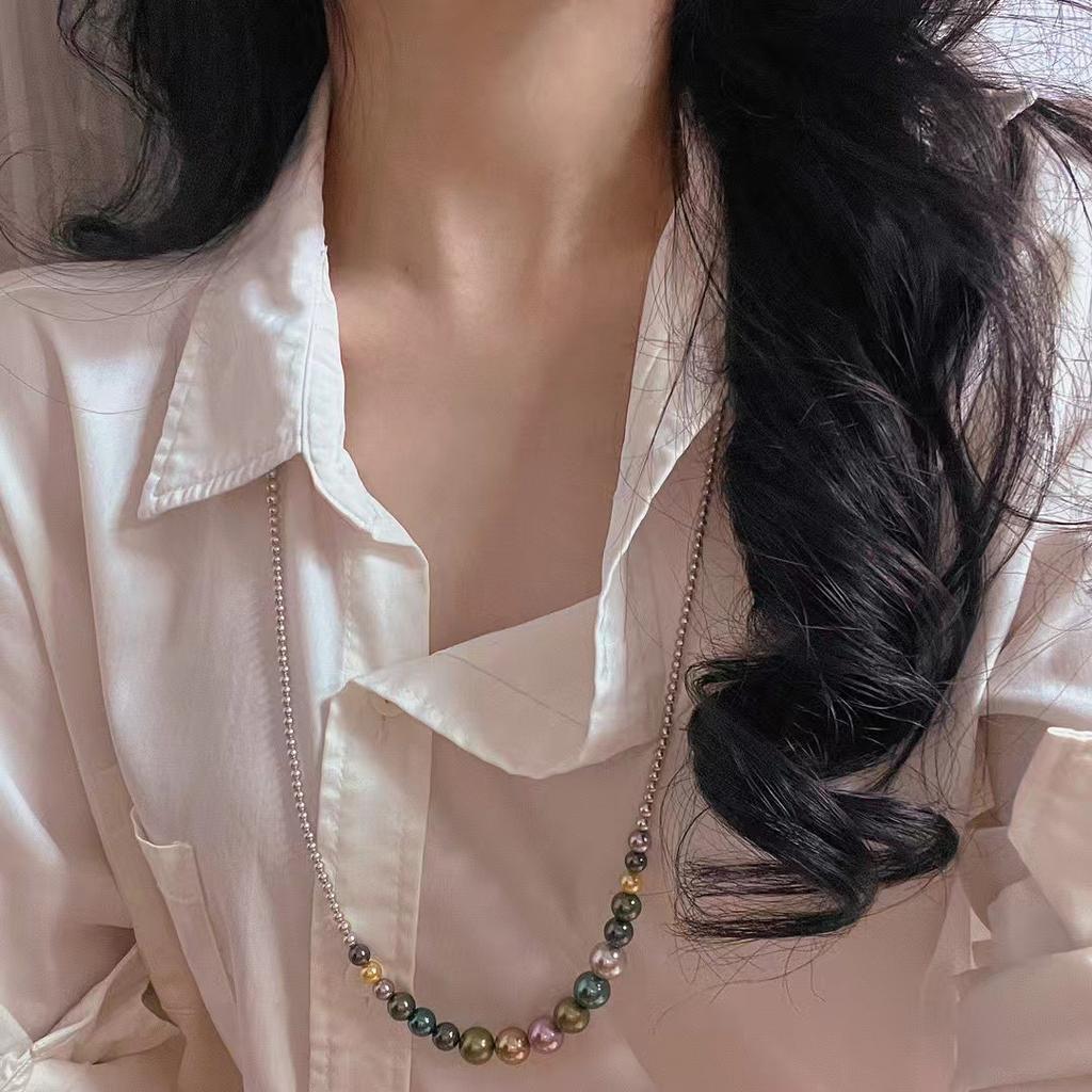 Vintage High-Quality High-Gloss Morandi Color Imitation Seawater Pearl Sweater Chain Necklace Collarbone Chain