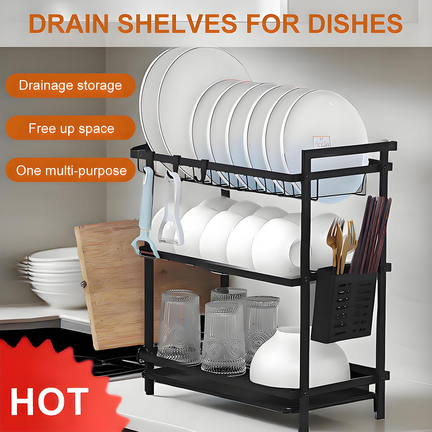 Кухонная черная трехъярусная подставка для мисок и органайзер сушилка для посуды с держателем для тарелок подставкой для палочек и хранилищем для ножей чёрный 4680₽