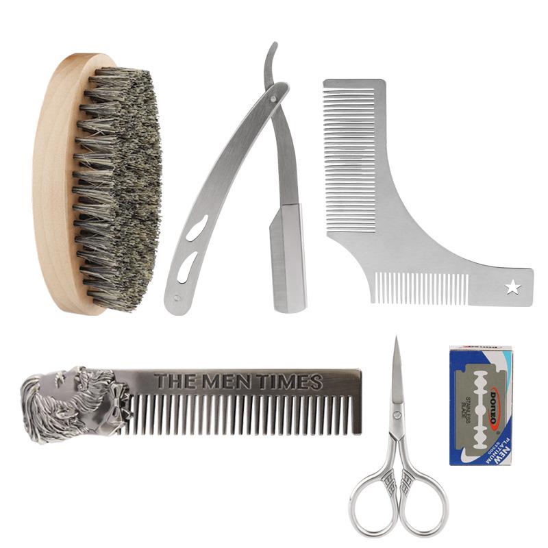 Men's 6-Piece Beard Grooming Kit: Boar Bristle Brush, Iron Alloy Comb, Razor, and Cloth Bag.
