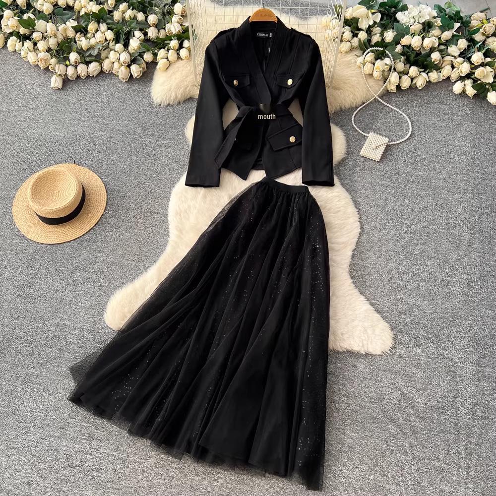 

French High-End Socialite Tie-Waist Blazer & Sequin Mesh Skirt Set L чорний