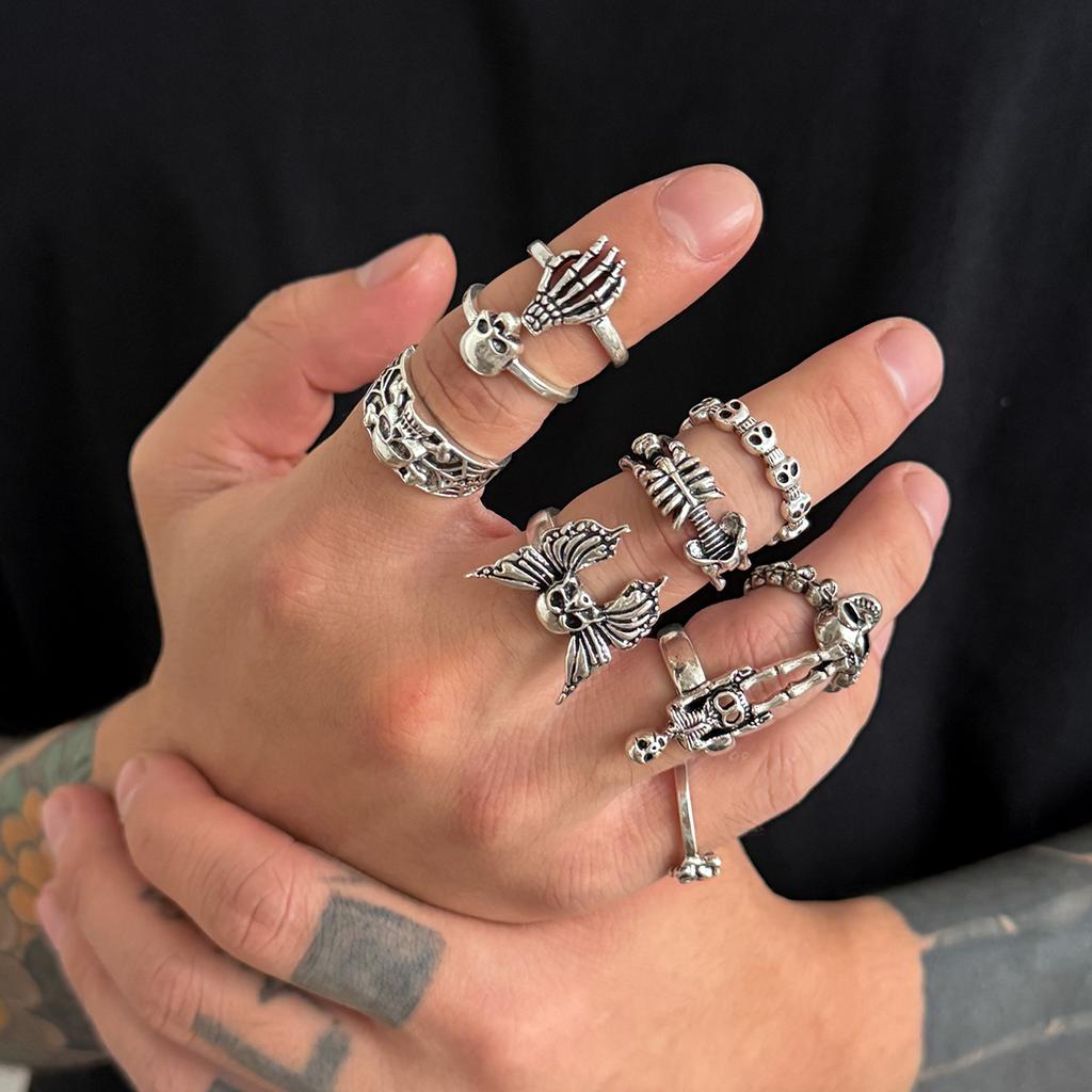 Vintage Halloween Skull Ring for Men Hip Hop Personality Punk Style Ring Set Men's Jewelry