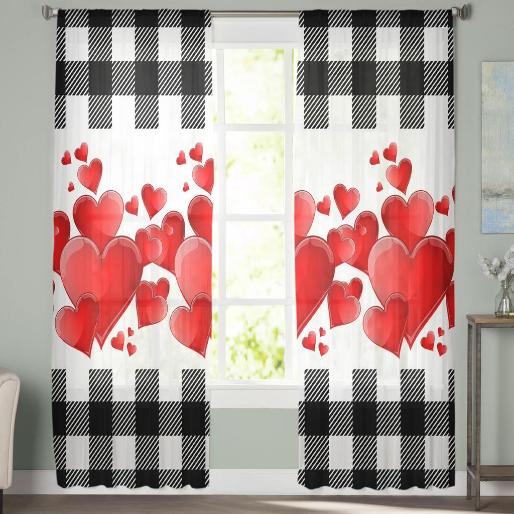 Czerwone serce miłości czarno-białe kratki tiulowe zasłony do salonu sypialni wystrój domu szyfonowa przezroczysta zasłona kuchenna