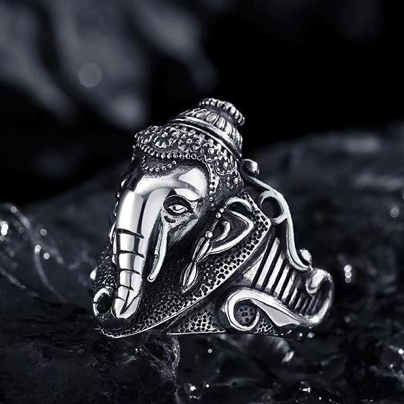 Retro Ganesha Elephant God Ring For Men Silver Color Punk Gothic Open Ring Handmade Designer Jewelry Unisex Hindu Accessories