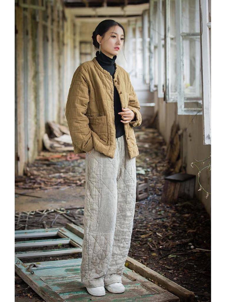 Women's New Style Winter Quilted Plaid Cotton Jacket: Fashionable Literary Short Ramie Coat