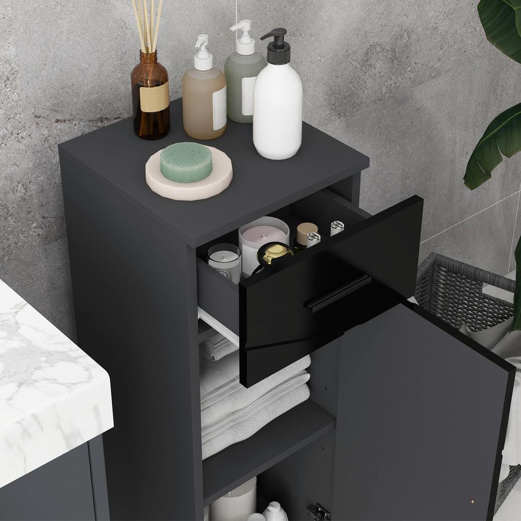 Chipboard Bathroom Cabinet with Drawer and Adjustable Two-Tier 30x30x82cm. Black and Gray
