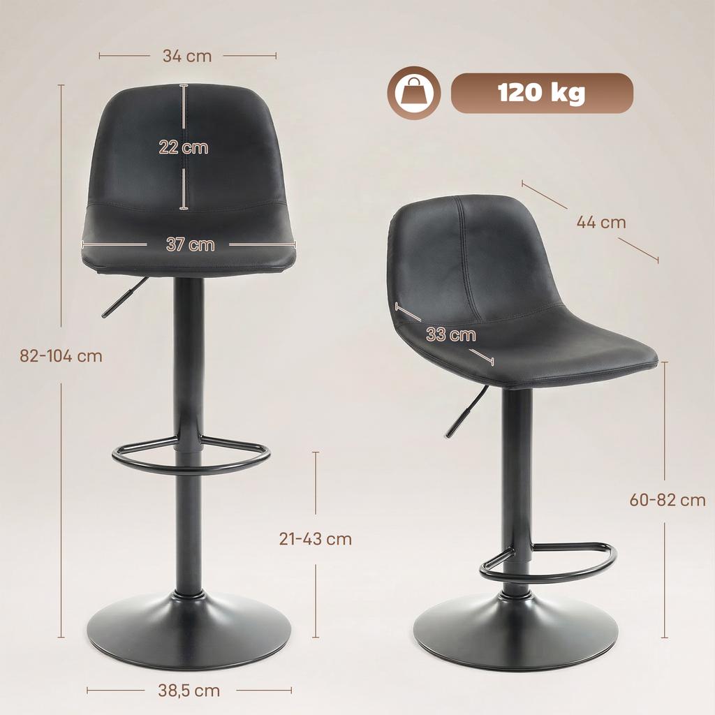 Bar Stools, Set of 2, Height-Adjustable, Backrest, Footrest, 360 Swivel, Steel, Black