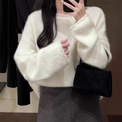 Art Student White Beaded Heavy Industry Pullover Sweater for Women In Autumn and Winter Soft and Waxy Lazy Little Fragrance Style Inner Top