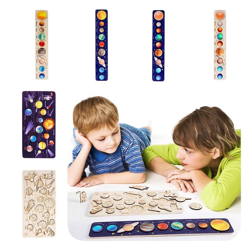 Wooden Space Planet Puzzles Montessori Toys For Kids Educational Jigsaw Tray For Science Learning