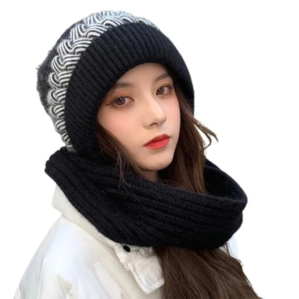 Women's Winter Knitted Hat And Scarf Set, With Pom-poms, Soft And Warm Knitted Headscarf