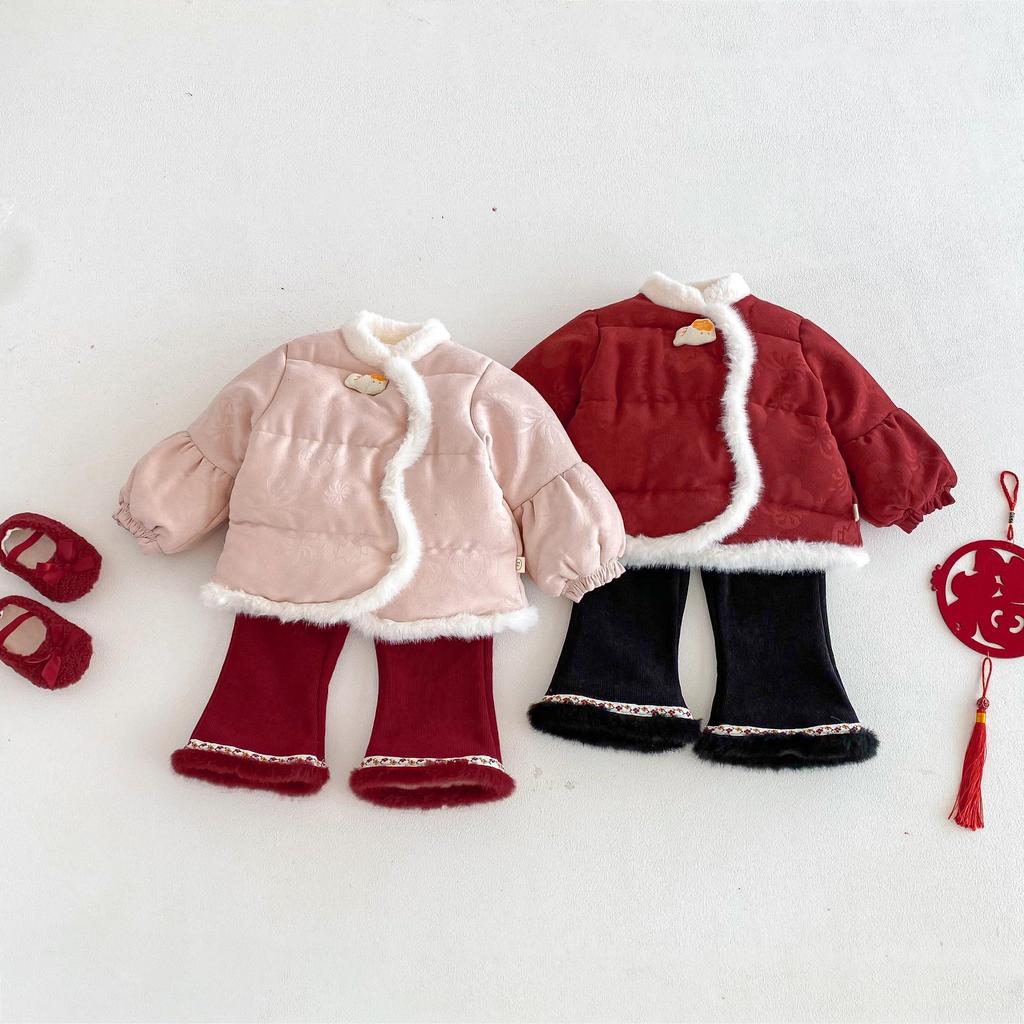 Girls' Festive Chinese-Style Goldfish Cotton Coat - Winter 2025 Velvet-Enhanced New Year Outfit