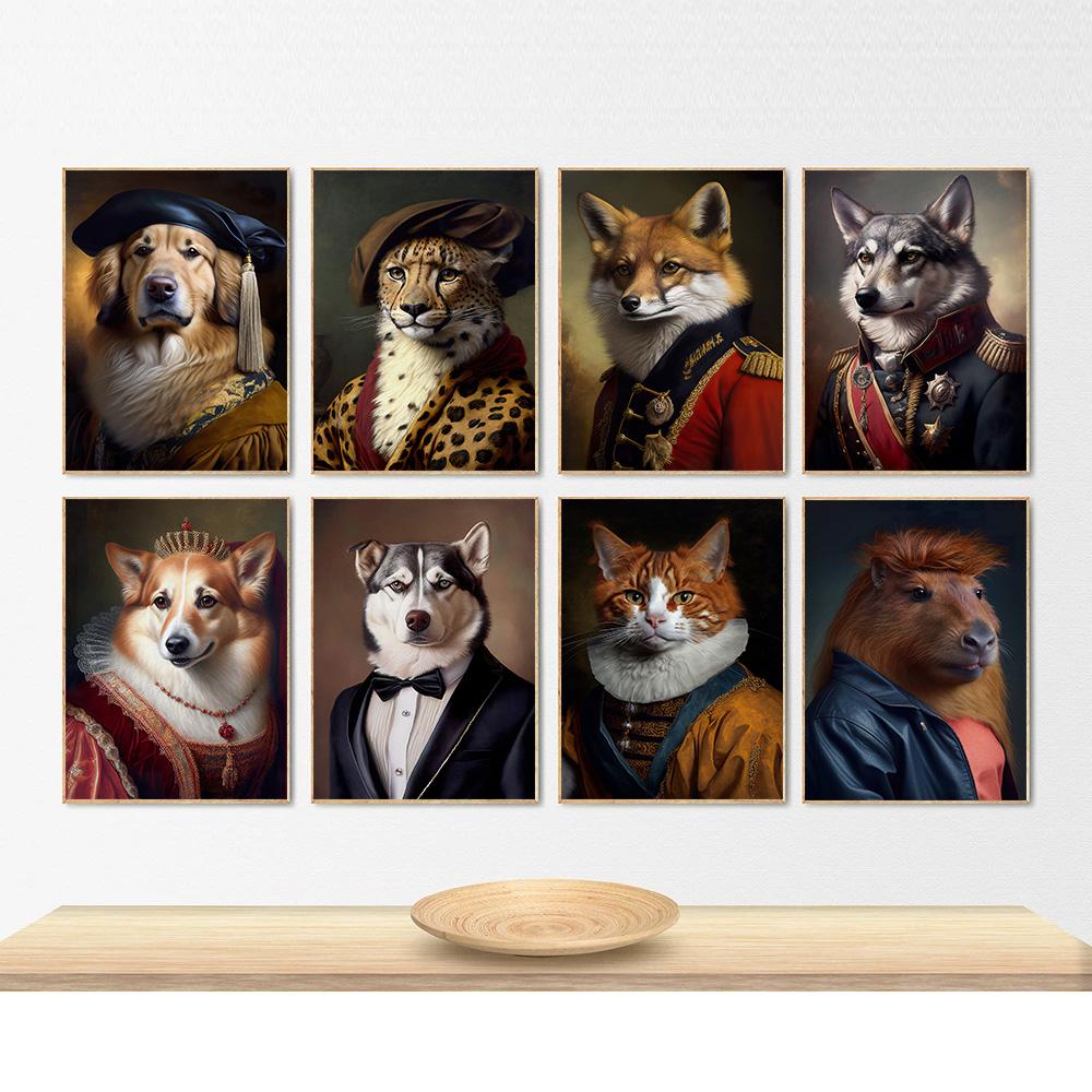 Animal Portrait Lion Fox Golden Retriever In Military Uniform Poster Print Wall Art Pictures Canvas Painting Room Home Decor
