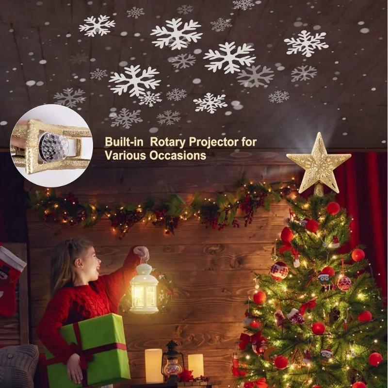 Christmas Tree Topper Decor 3D Glitter Star LED Rotating Snowflake Projector Christmas Tree Ornaments Holiday Party Hanging Lamp