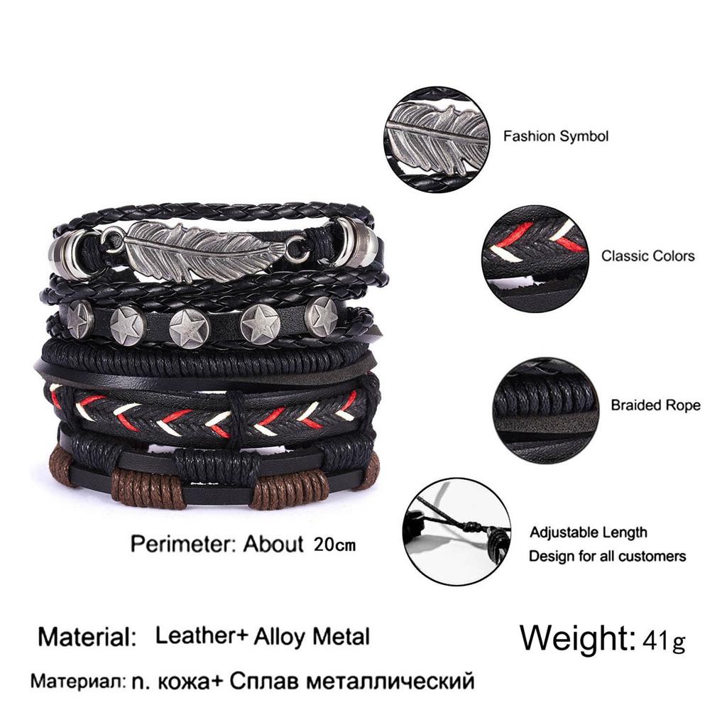 Vintage Multi-layer Feather Star Leather Bracelets For Men Hand-knitted Leaves Rope Wrap Wristband Bracelet Ethnic Party Jewelry