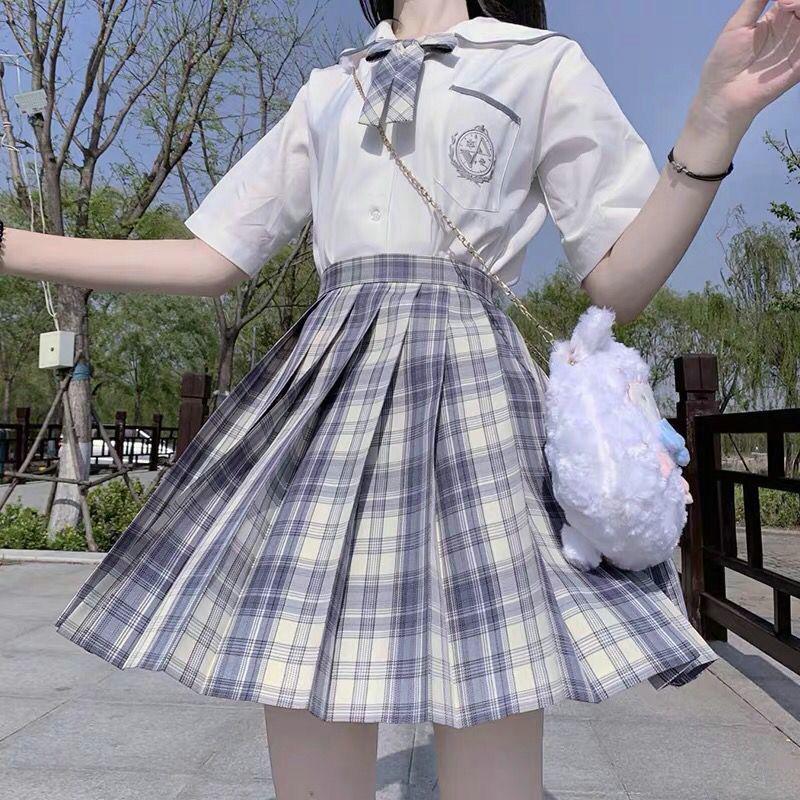 Japanese JK Sailor Suit: Teen Spring/Summer Full Set with Embroidered Shirt & Pleated Grid Skirt