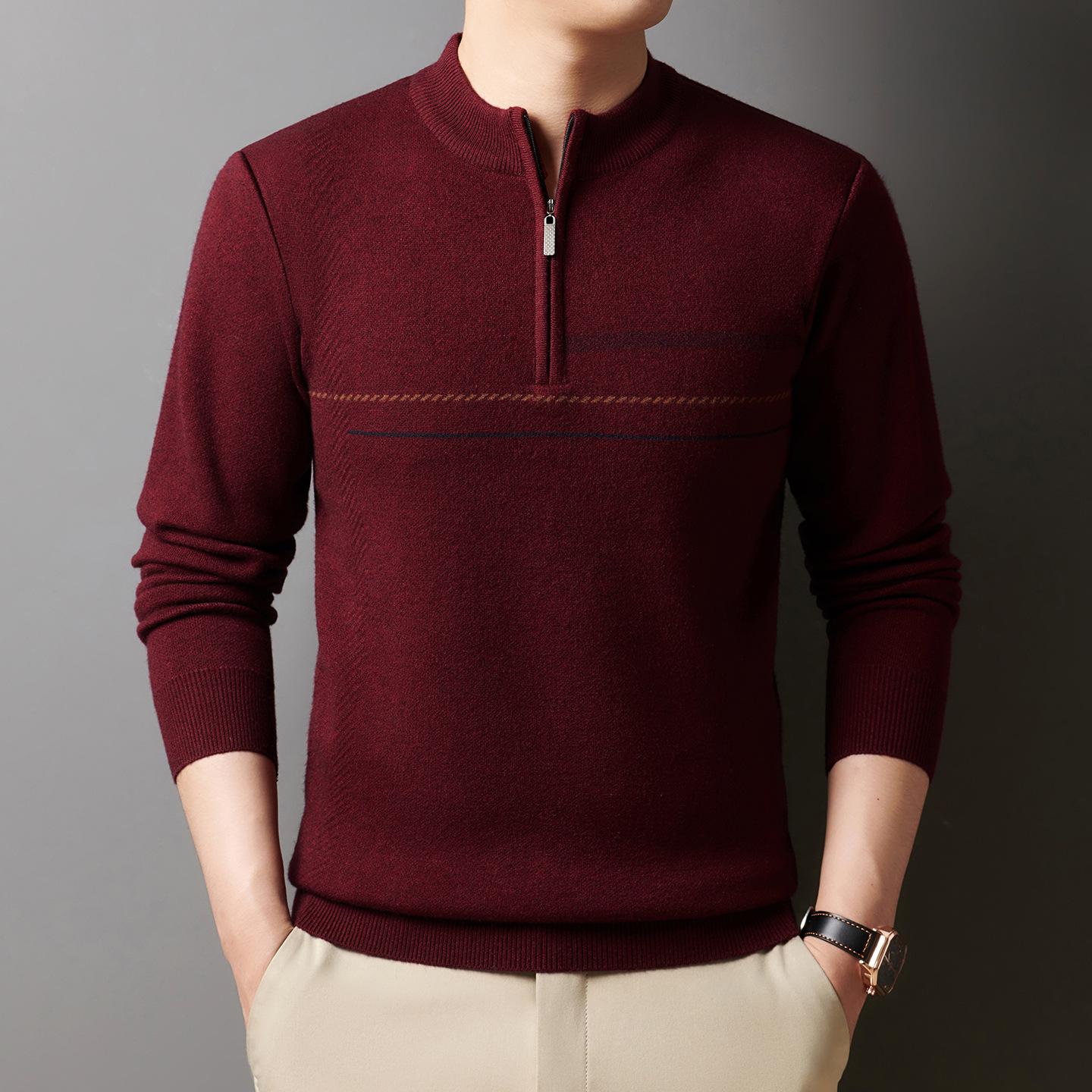 

Осень Зима Свитер с полувысоким воротником и половинной молнией, не скатывающийся, мужской, для среднего возраста, повседневный, теплый, вязаный, утолщенный, нижний слой M красный