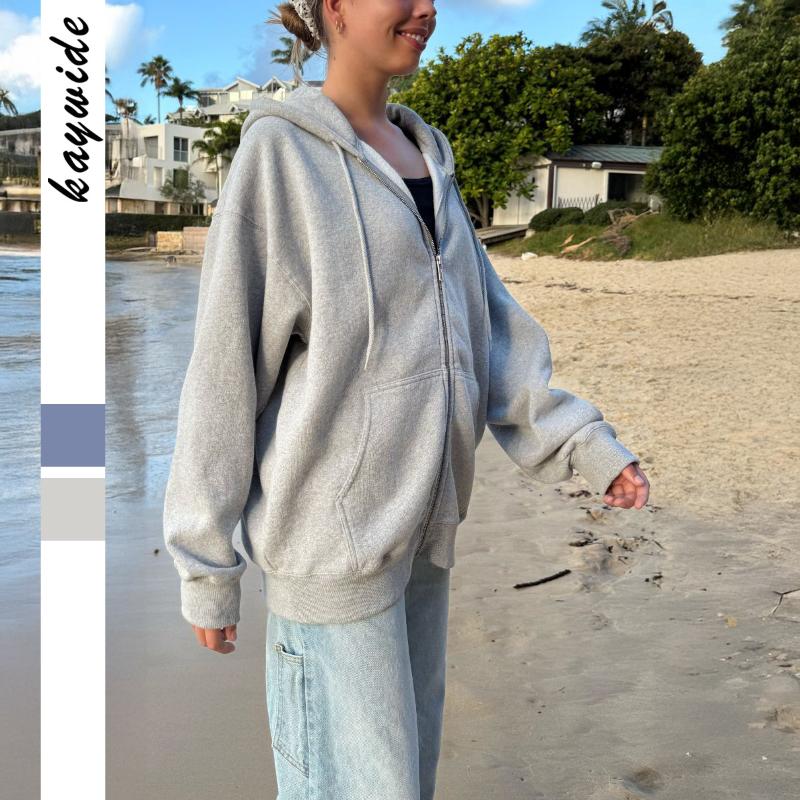 Женская светло-серая оверсайз толстовка на молнии, повседневная свободная куртка-свитшот S