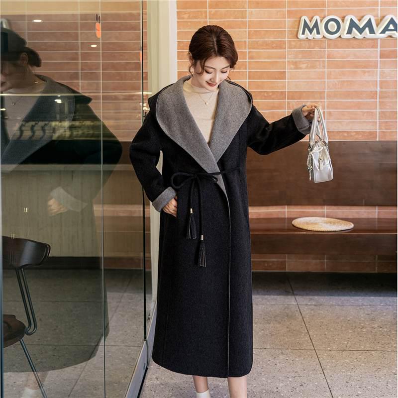 Hooded Double-Sided Long Wool Coat Bathrobe with Tie Waist - Autumn/Winter Korean Fashion Women's Outerwear