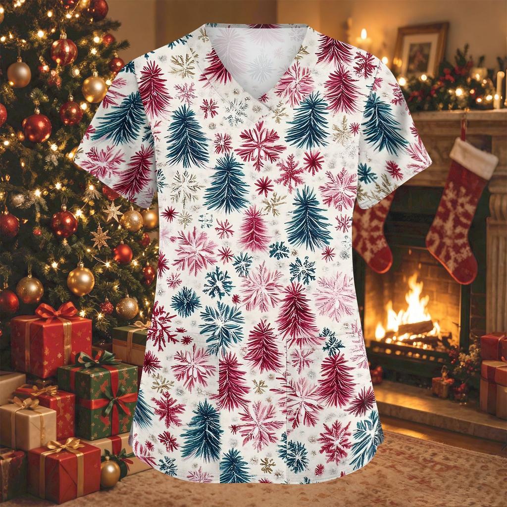 Women's Christmas Print V-Neck Short Sleeve Work Shirt with Pockets Caregiver Uniform Top