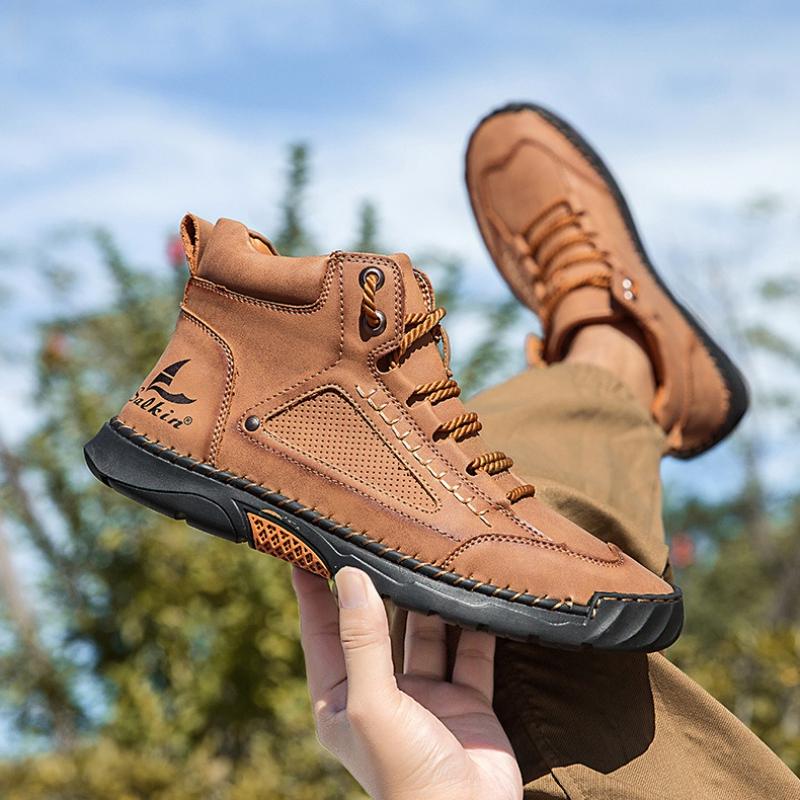 Women/ Men's PU Leather Boots, Men's Fashionable Handmade Stitched Ankle Boots, Flat Bottomed Lace Up Casual Shoes