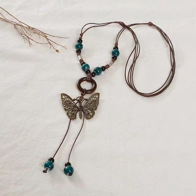 New Chinese style new ethnic style butterfly long necklace sweater chain antique clothes pendant necklace