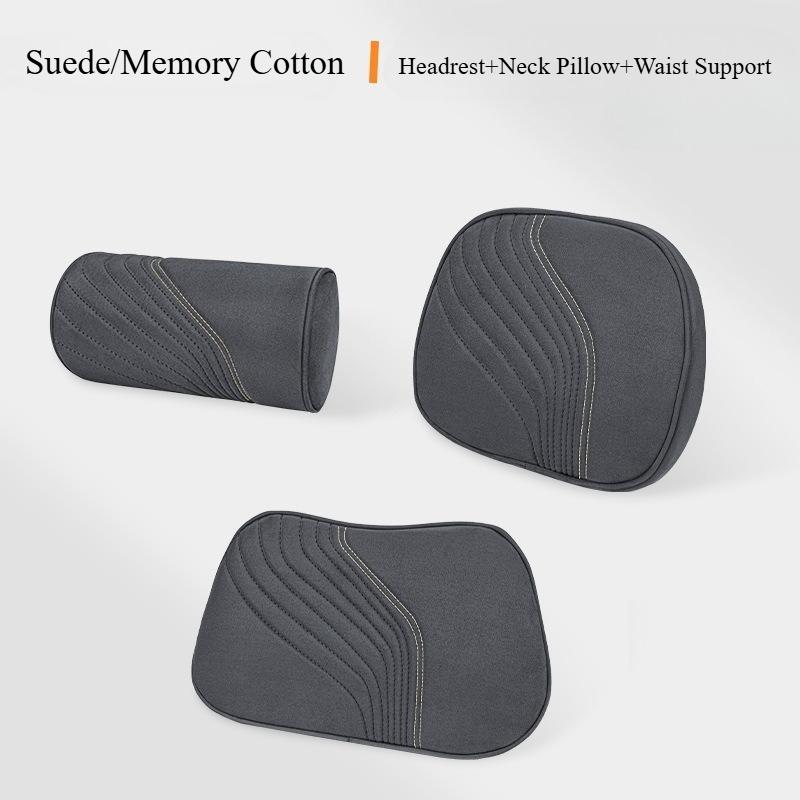 Luxury Suede Car Headrest Light Neck Pillow Memory Cotton Lumbar Backrest Cushion Set Protective Car Seat Comfort Accessories