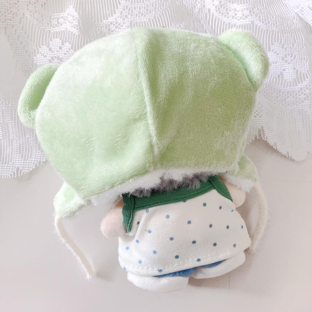 Melon costume (kigurumi cap, top & pants set) for 10cm plushies. Kigurumi accessory for idolfan activities, dollmascot, K-pop dollcostume. [Used]