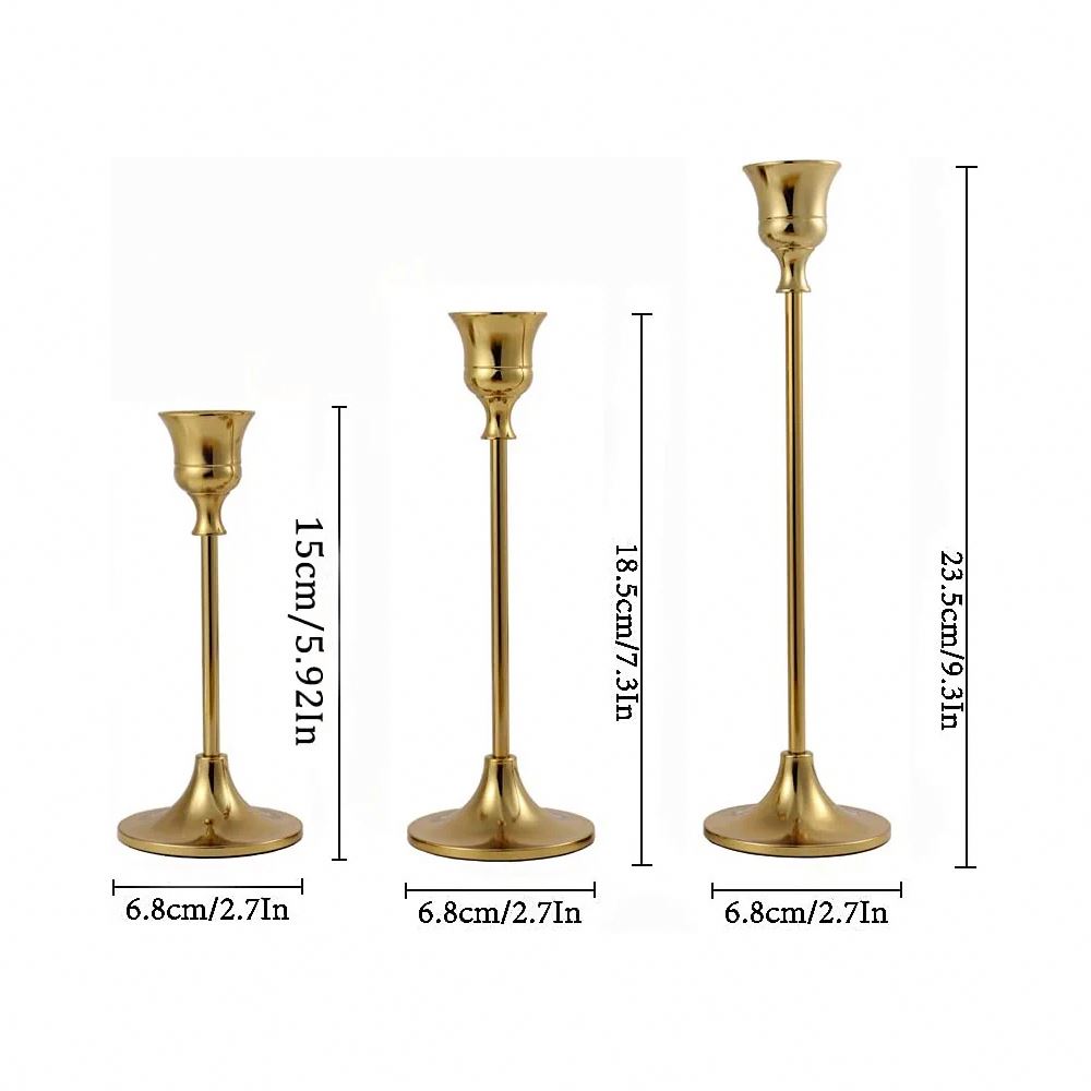 European Set of 3 Gold Tall Rustic Taper Stick Iron Metal Candle Holder