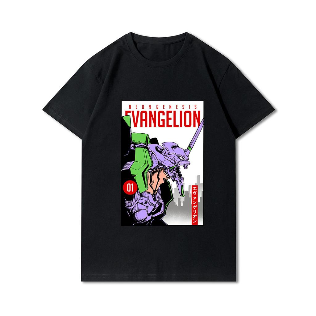 Summer Evangelion Printed Unisex T Shirts Round Neck Cotton Oversize Tops Anime Casual Black Tees