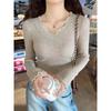Fashion V Neck Lace Splice Knitted Bottoming Shirt Women's Elegant Casual New Slim Fitting Top Elegant Solid Color Sweet Long Sleeve Clothing