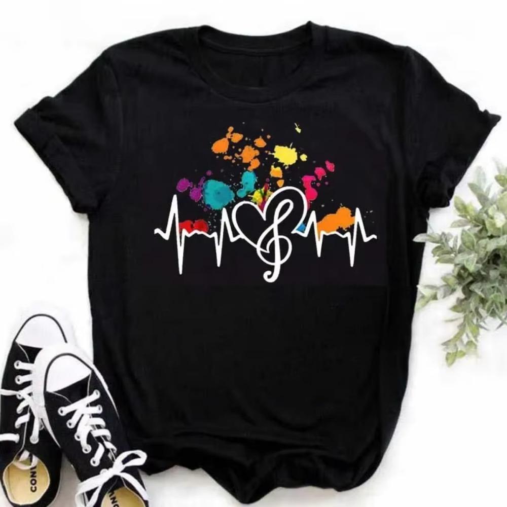 Nowa koszulka Harajuku Funny Music Note Art T Shirt Fashion Women T Shirt Music Tops Short Sleeves Black T-shirt Ladies Casual Tees Top