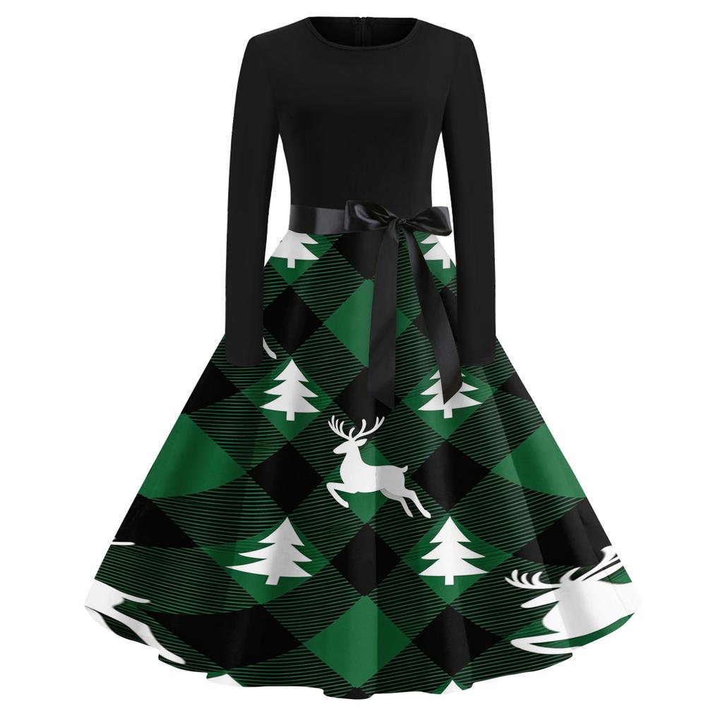 Women's Casual Vintage V-Neck Christmas Print Dress for Festive Occasions