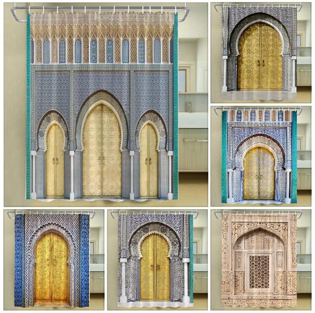Home&Kitchen Accessories Light Vintage Moroccan Arch Door Shower Curtain Islamic Antique Door Geometric Pattern Polyester Bathroom Accessories Bathroom Decor