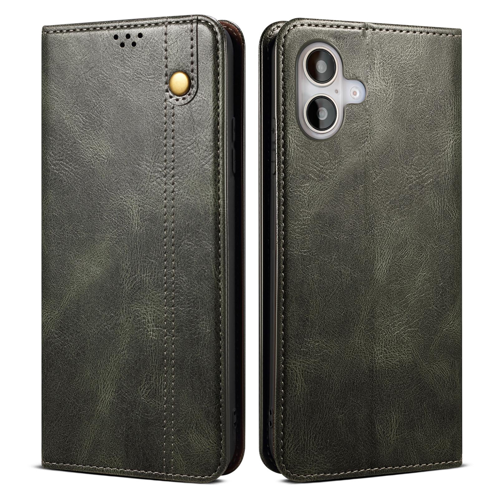 

For iPhone 16 Plus Case Crazy Horse Texture Waxy Leather Wallet Stand Cover Green