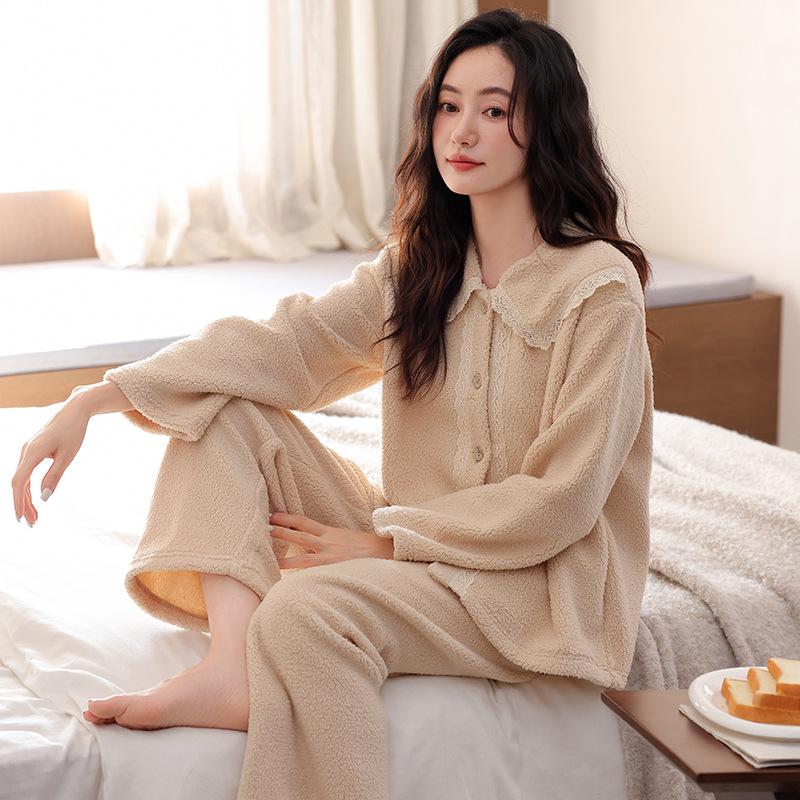 Coral Fleece Pajamas Women'S Autumn And Winter Thickened Fleece Warm Winter Flannel Loungewear Set